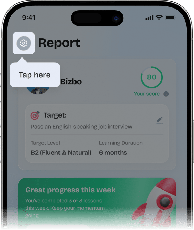 Where to find the Settings icon on the Report screen
